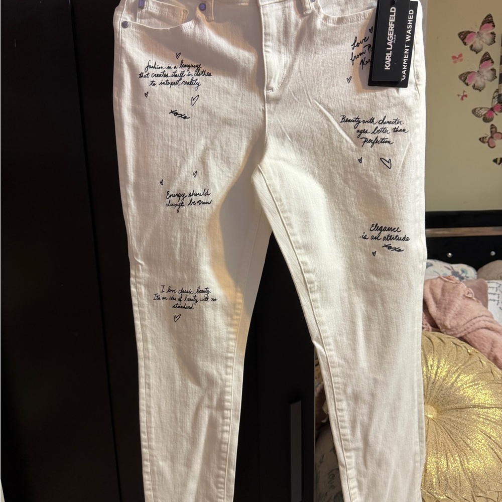 Karl Lagerfeld Cream Pants with Black Script